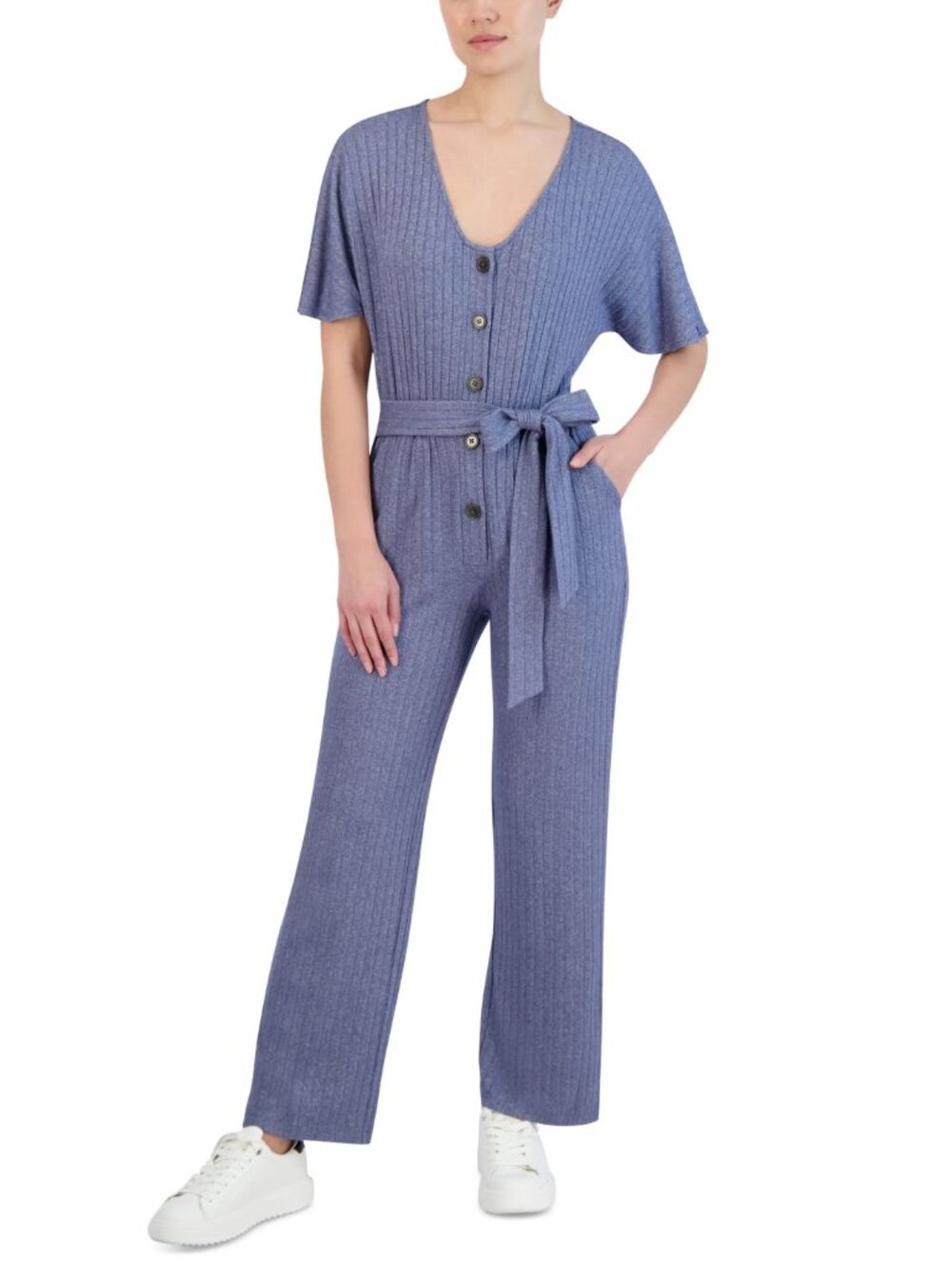 BCBGeneration Womens Ribbed Tie-Waist Jumpsuit
